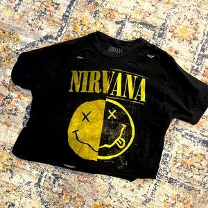 Nirvana band graphic tee distressed black yellow cropped oversize grunge tshirt